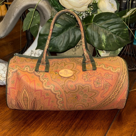 Etro Handbags - Authentic Etro Mini Boston Handbag Round Drum Paisley Fabric Brown Orange